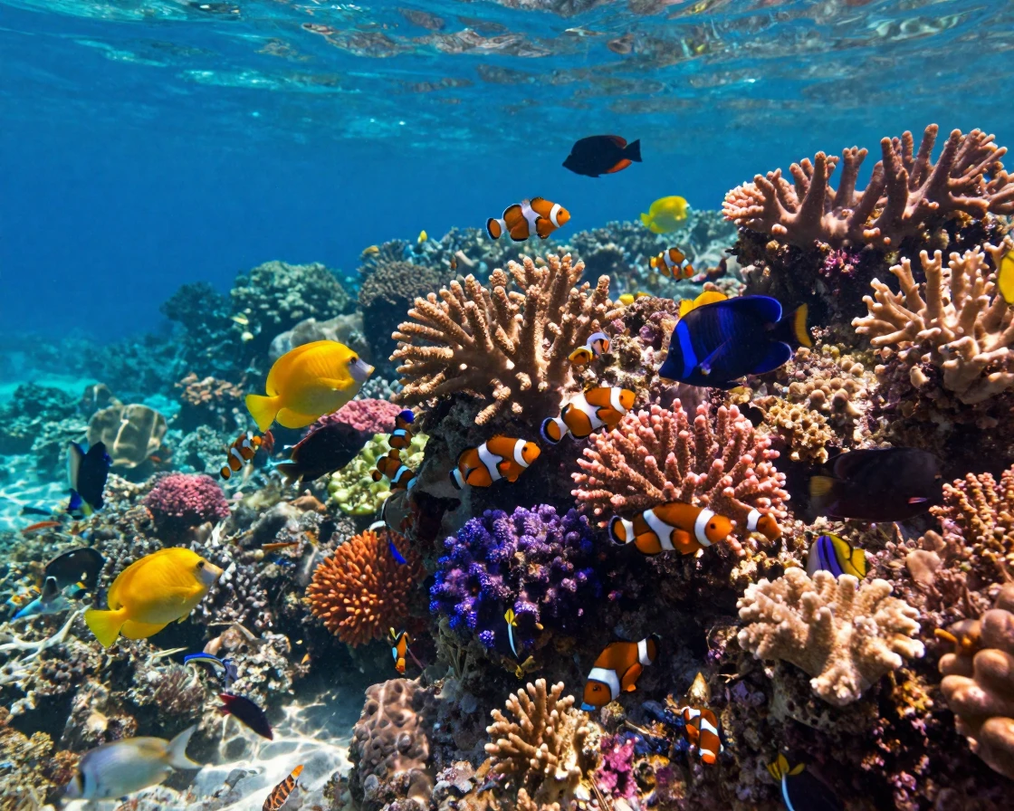 A colorful coral reef teeming with tropical fish in crystal-clear water
