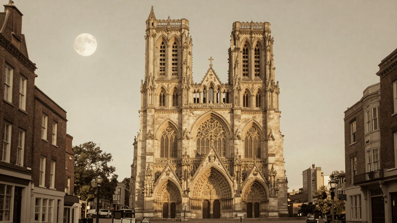 A grand old cathedral rising above a historic city skyline, under moonlight, on a clear, cloudless day, during the long days of summer, with a soft sepia-tinted glow, at eye level, intimate and direct.