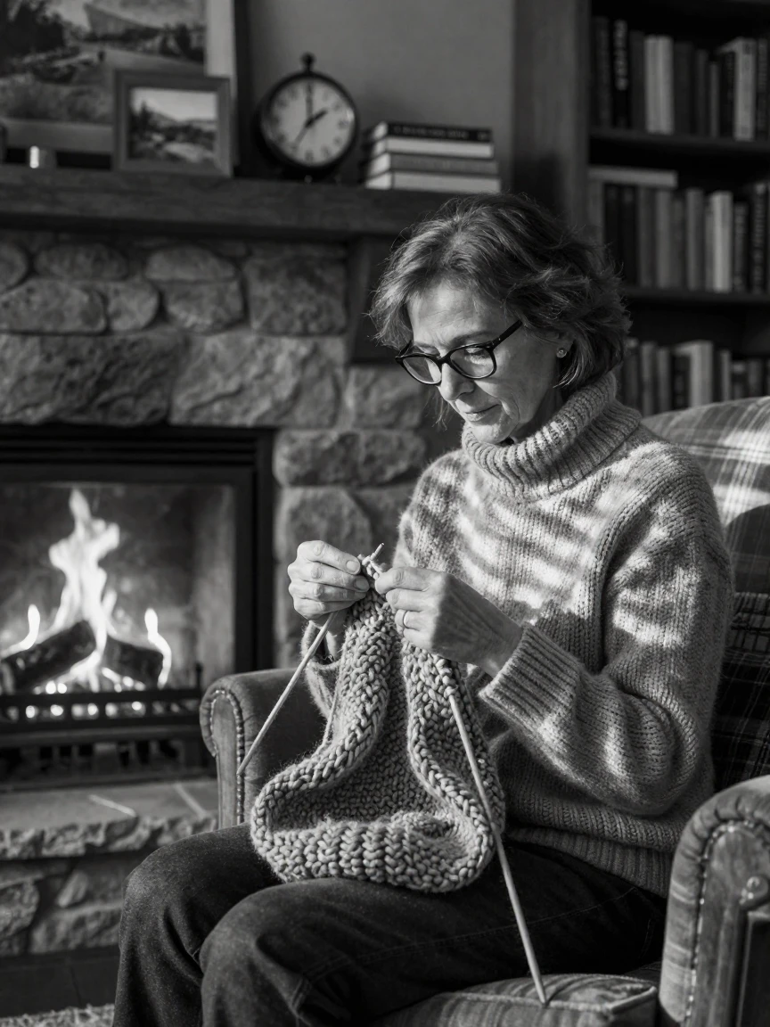 A knitter loops yarn into a warm scarf by a crackling fireplace.