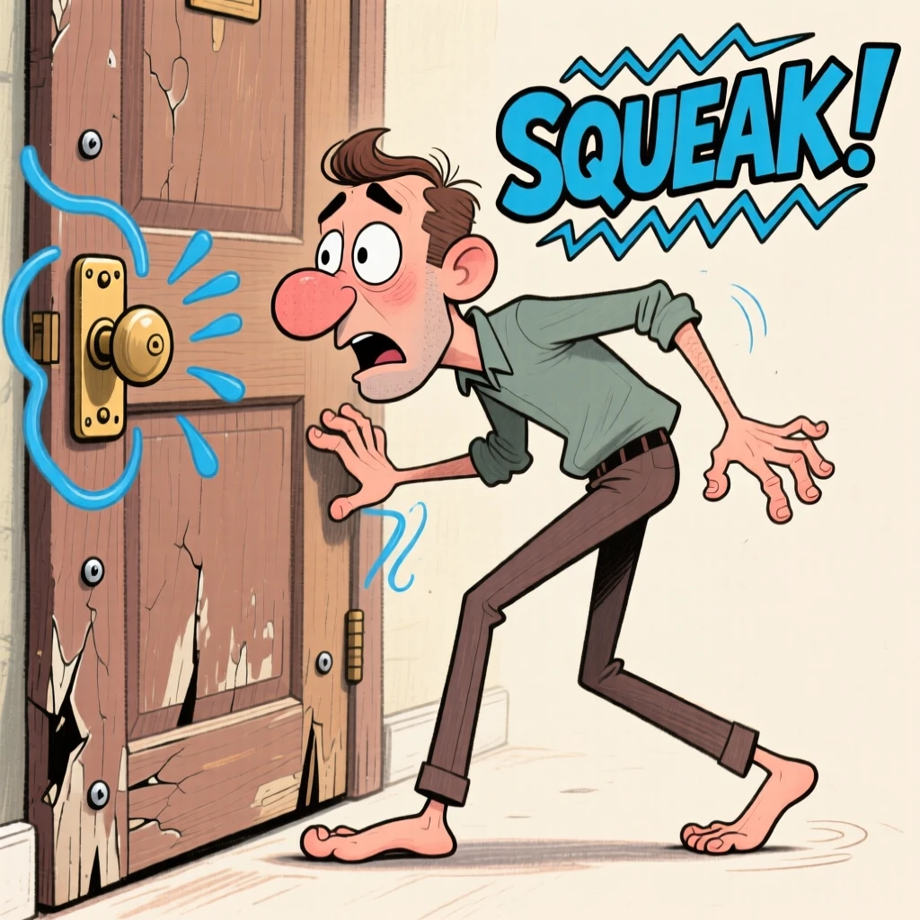 A man caught trying to sneak past a squeaky door on tiptoes.