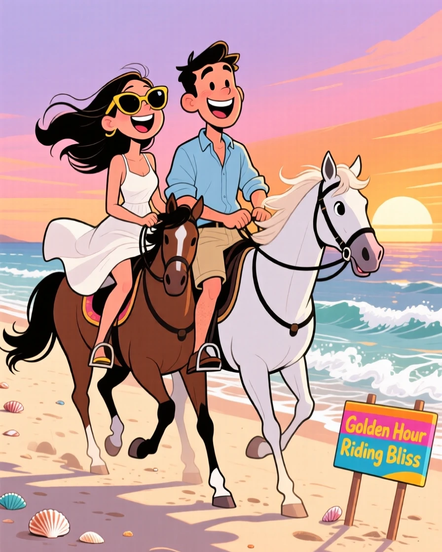 An aspirational lifestyle scene of a couple horseback riding along a pristine beach at golden hour.