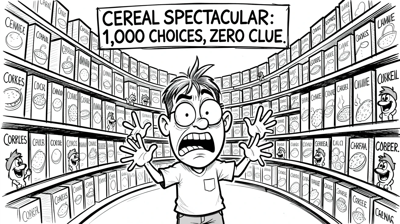 [Funny & Exaggerated Situations] Comical scene of a shopper comically overwhelmed by a wall of cereal choices, exaggerated for maximum laughs