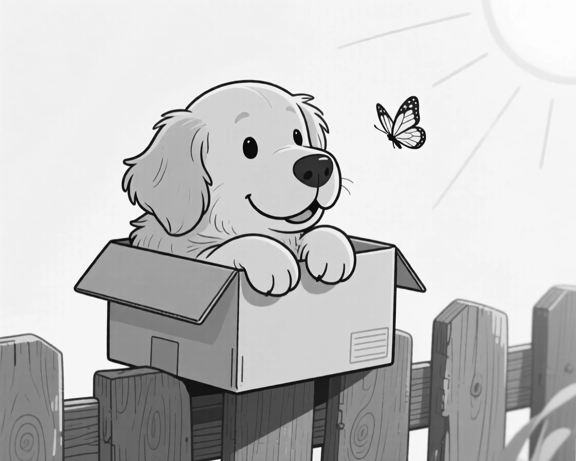 A fluffy golden retriever with one ear flopped inside out, trying to fit into a box far too small, set atop a rustic wooden fence at sunrise. A butterfly drifts obliviously past. It feels like the kind of photo that instantly earns a smile.