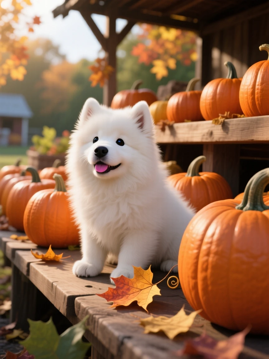 A fluffy Samoyed puppy is hiding among rows of pumpkins at a farm stand, looking up with big curious eyes. A gentle, sleepy calm fills the moment, with a single fallen leaf beside it.