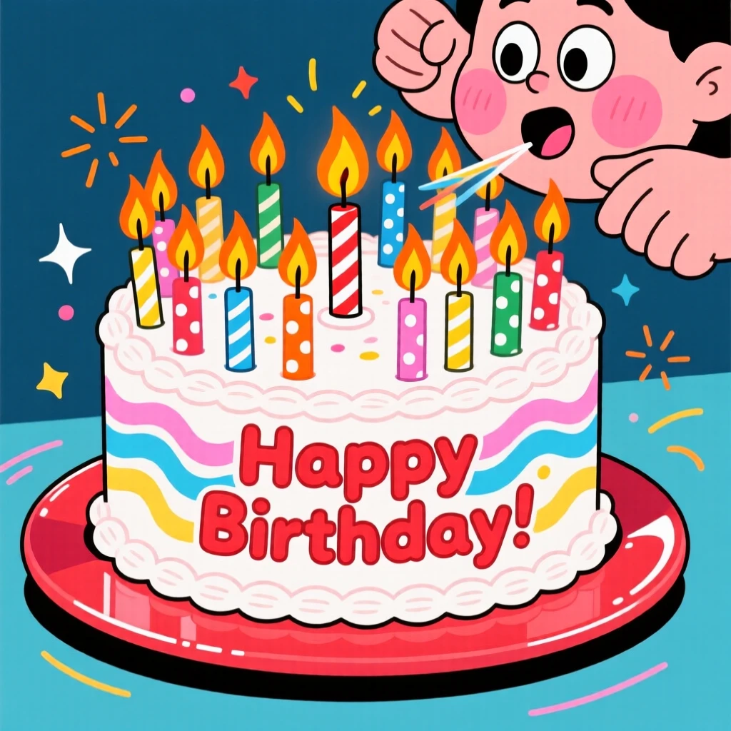 A birthday cake covered in candles about to be blown out.