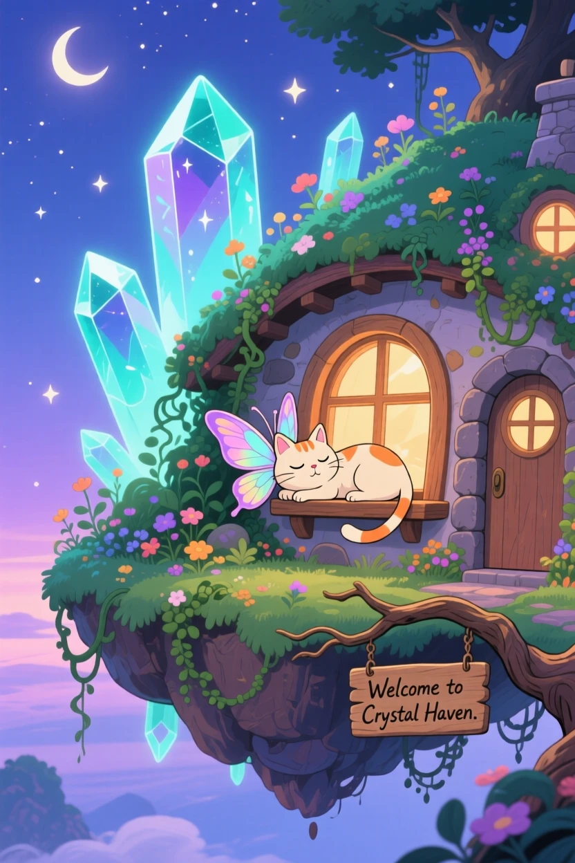 A floating island held aloft by glowing crystals, where a cat with butterfly wings napping on a windowsill can be seen nearby, the atmosphere whimsical and joyful.