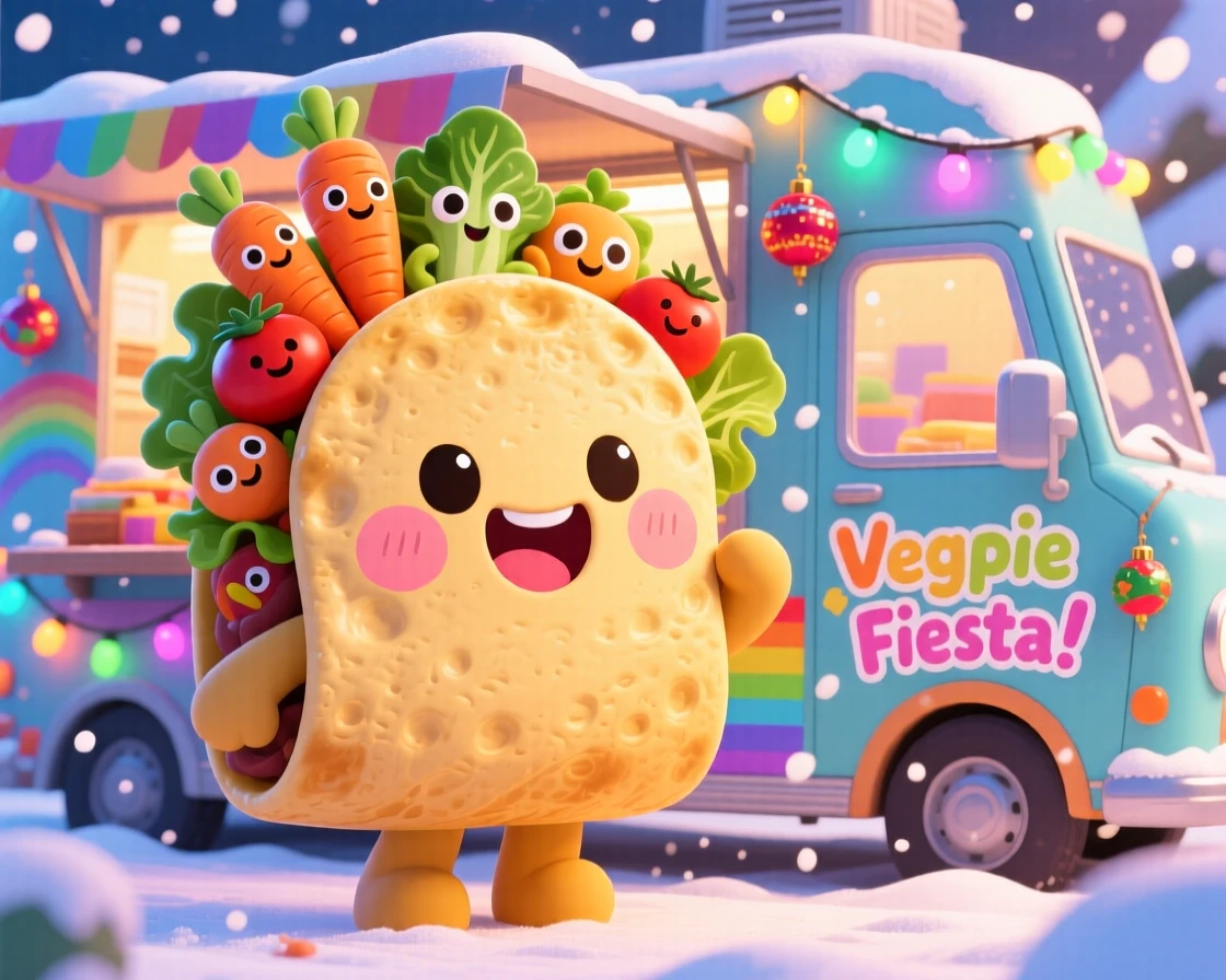 Waist-up portrait of a cheerful taco character, overflowing with tiny happy vegetable friends, in a festive food truck, during a cozy winter snowfall, illuminated by bright rainbow-tinted light, radiating giggling amusement.