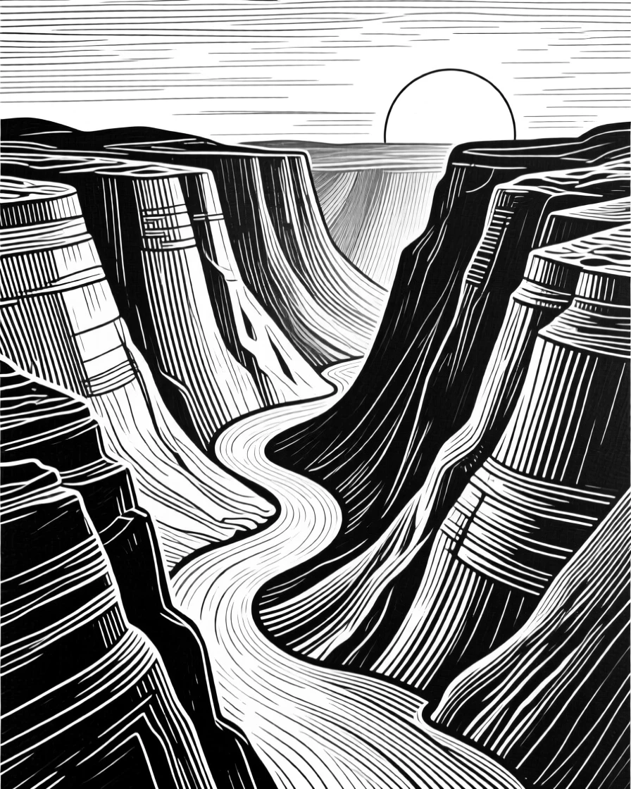 A dramatic canyon at sunrise with light hitting the striped rock walls.