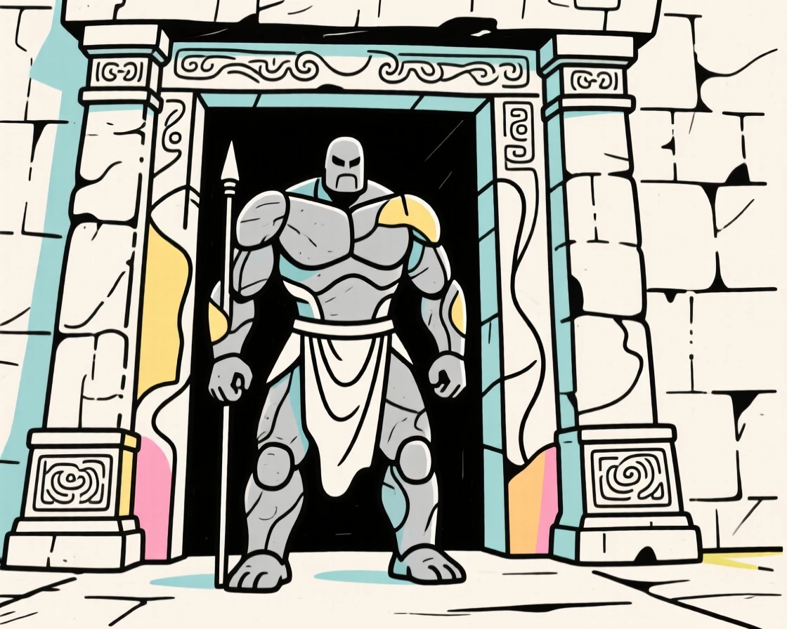 A stone golem standing guard at the gates of an ancient temple.
