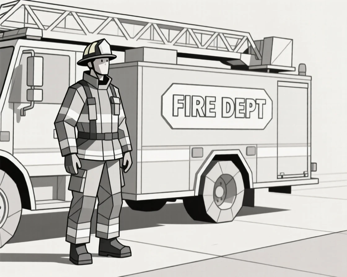 A firefighter standing in full gear beside a truck