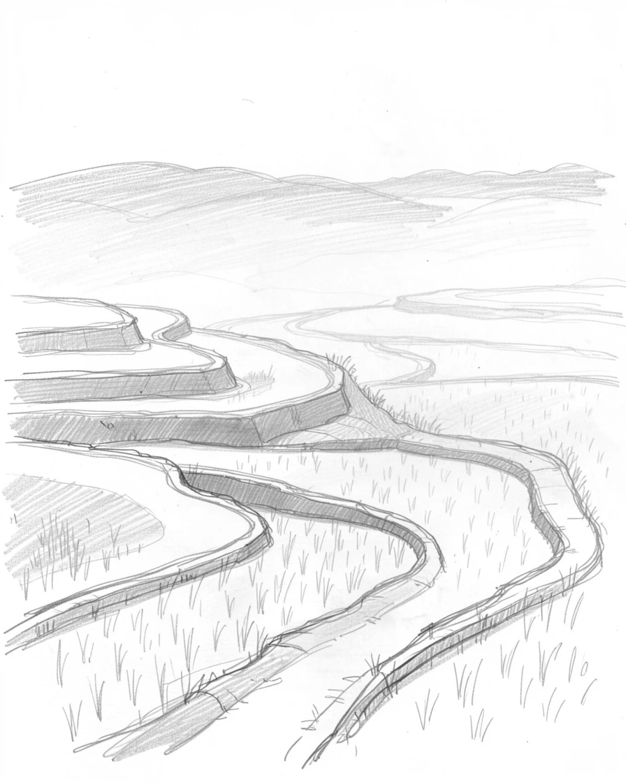Sweeping landscape of a terraced rice paddy at dawn shrouded in gentle fog, with a narrow path leading into the distance.