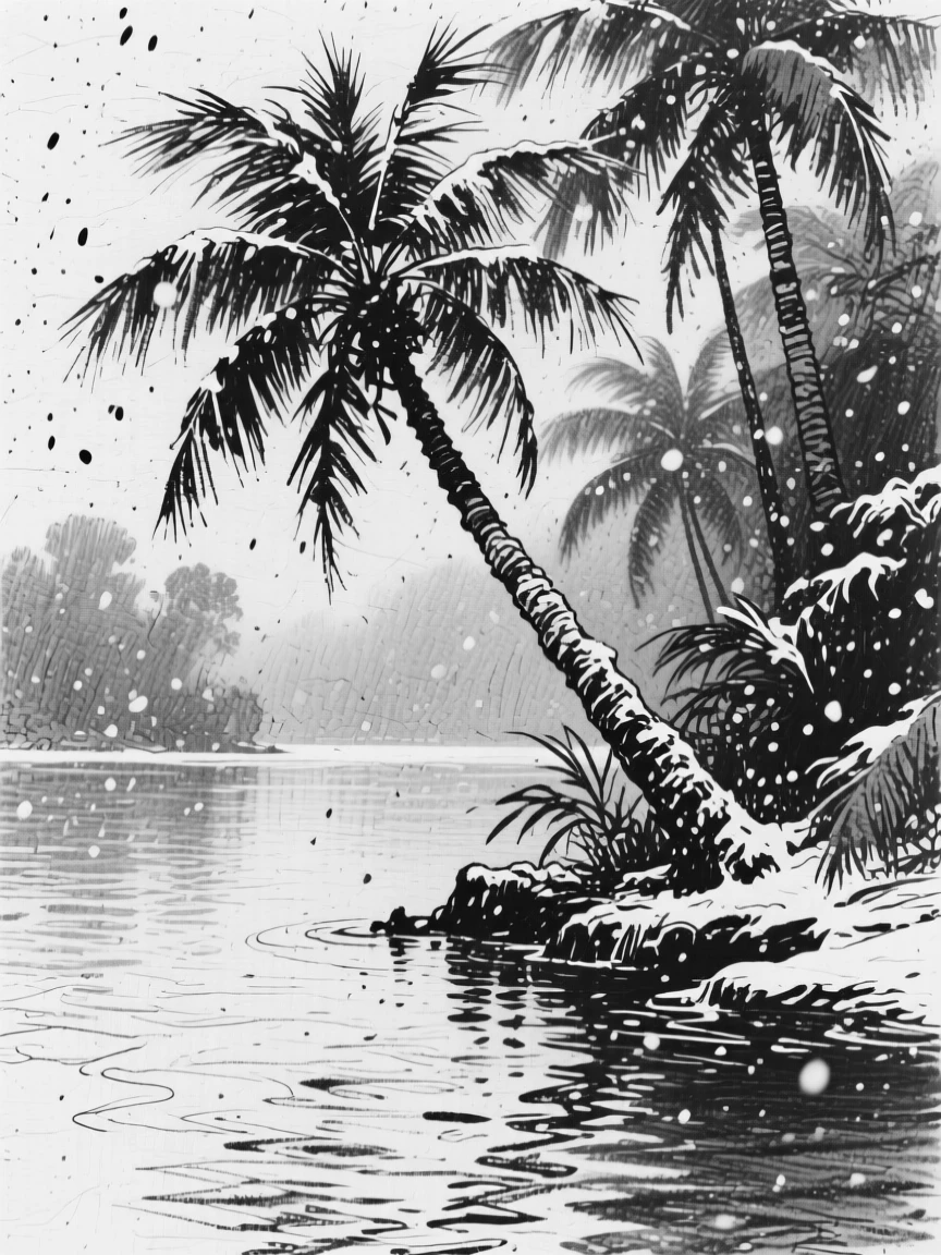 A tropical lagoon as a light snow begins to fall.
