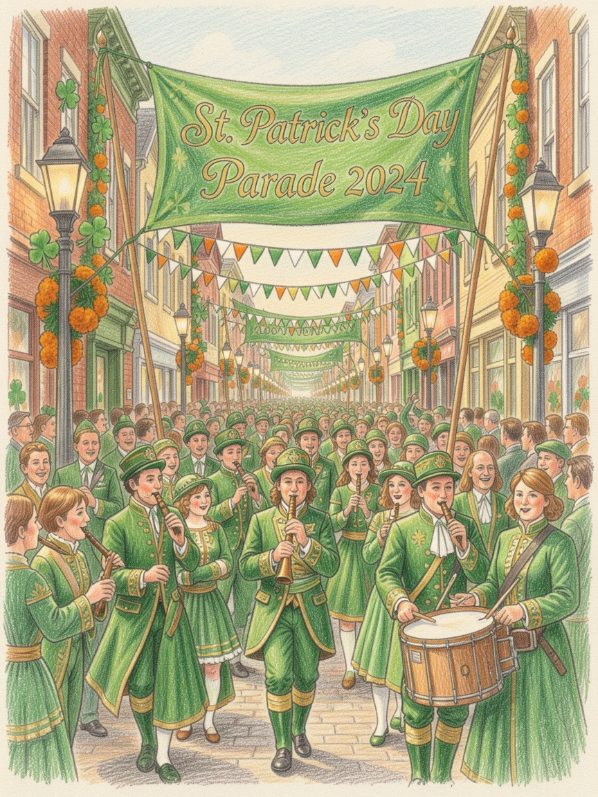 A St. Patrick's Day parade filled with green banners and music, surrounded by seasonal decorations in rich, inviting colors, radiating nostalgia, warmth, and holiday joy.