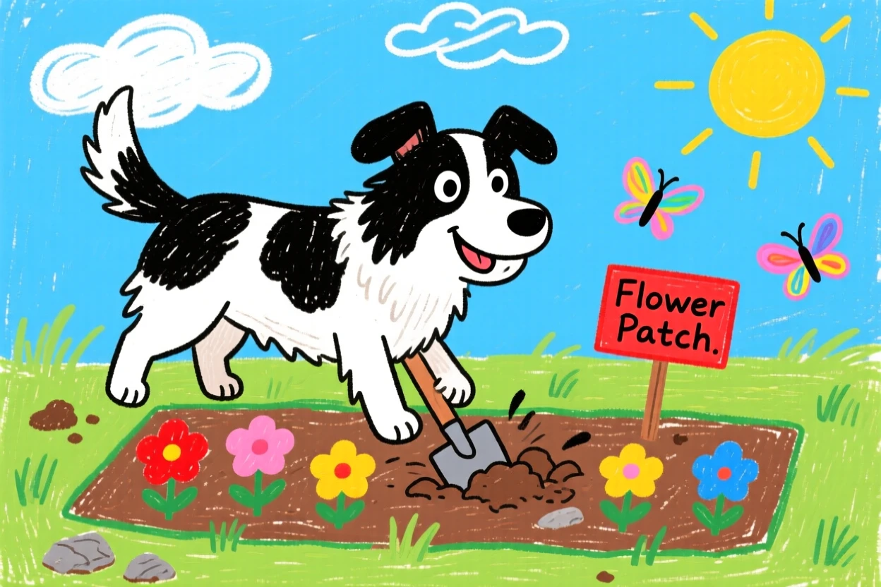 A loyal border collie digging happily in a garden bed.