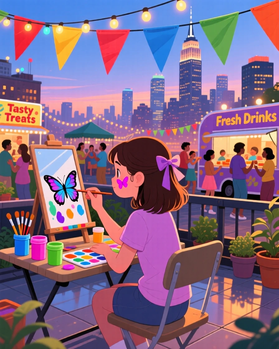 A young girl painting her face at a colorful community festival, on a city rooftop overlooking twinkling lights, captured from behind to invite the viewer into the moment, with a sense of warmth and togetherness in every detail.