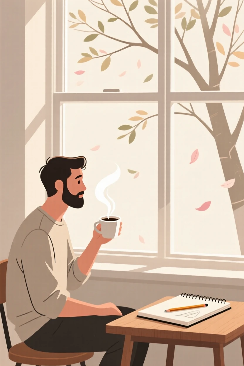 A local artist enjoying a quiet cup of coffee by a window on a breezy morning.