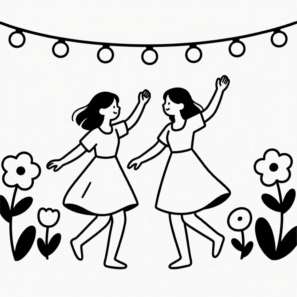 Two young woman dancing under string lights together in a garden in bloom, sharing a moment of shared belonging.