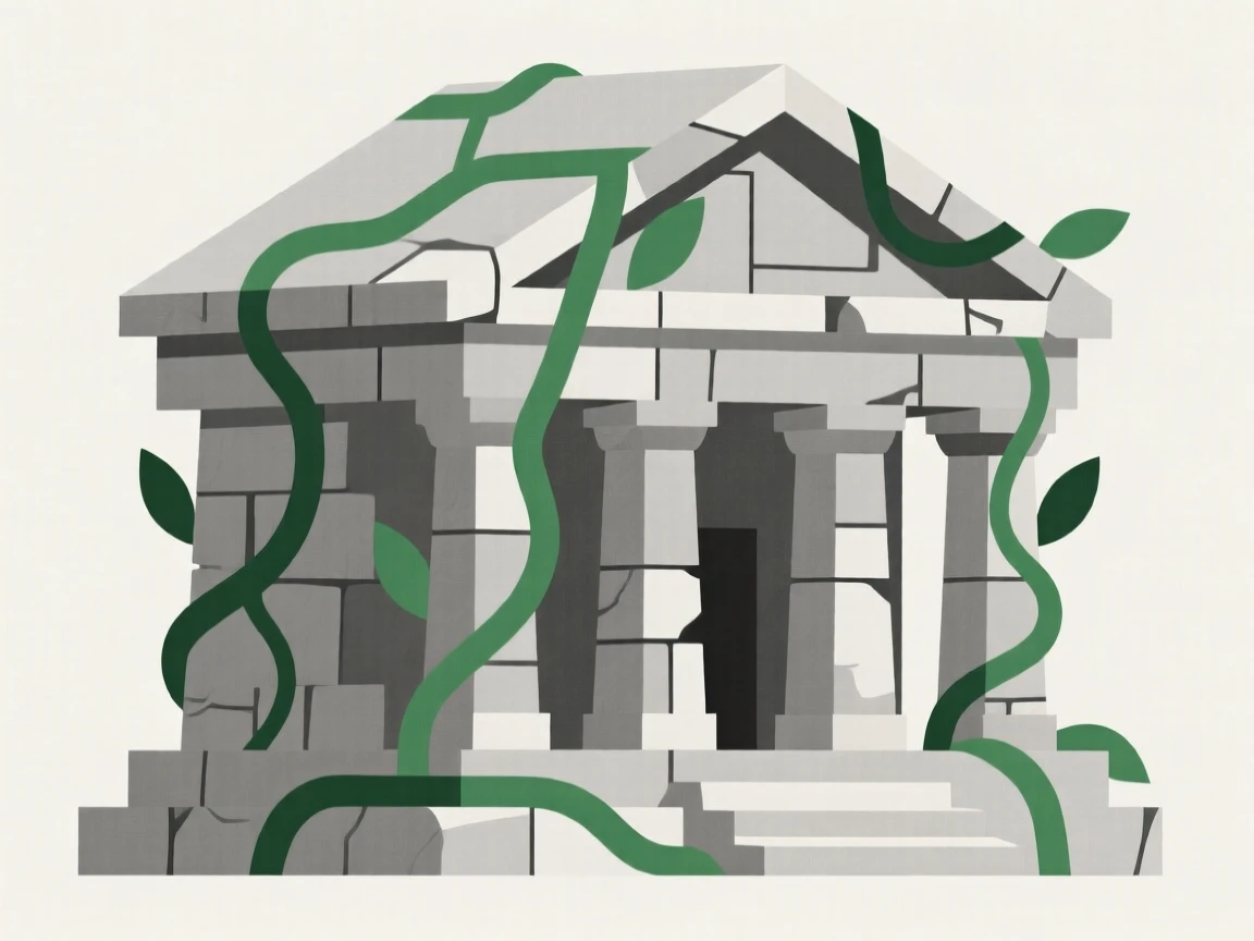 An ancient stone temple partially covered in vines