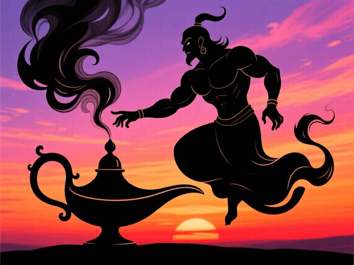 A genie rising in a swirl of smoke from an ornate lamp.