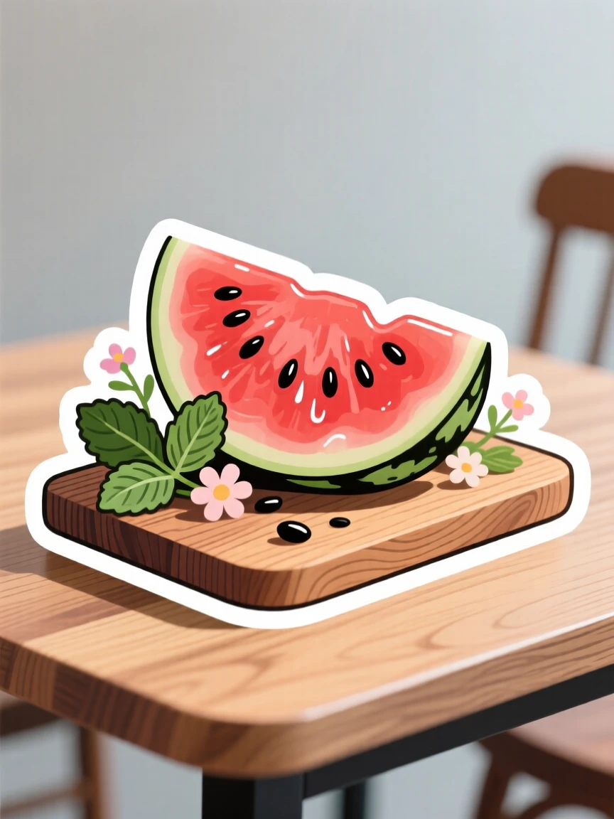 A beautifully garnished juicy watermelon slice, resting on a rustic wooden board, on a cozy café table.
