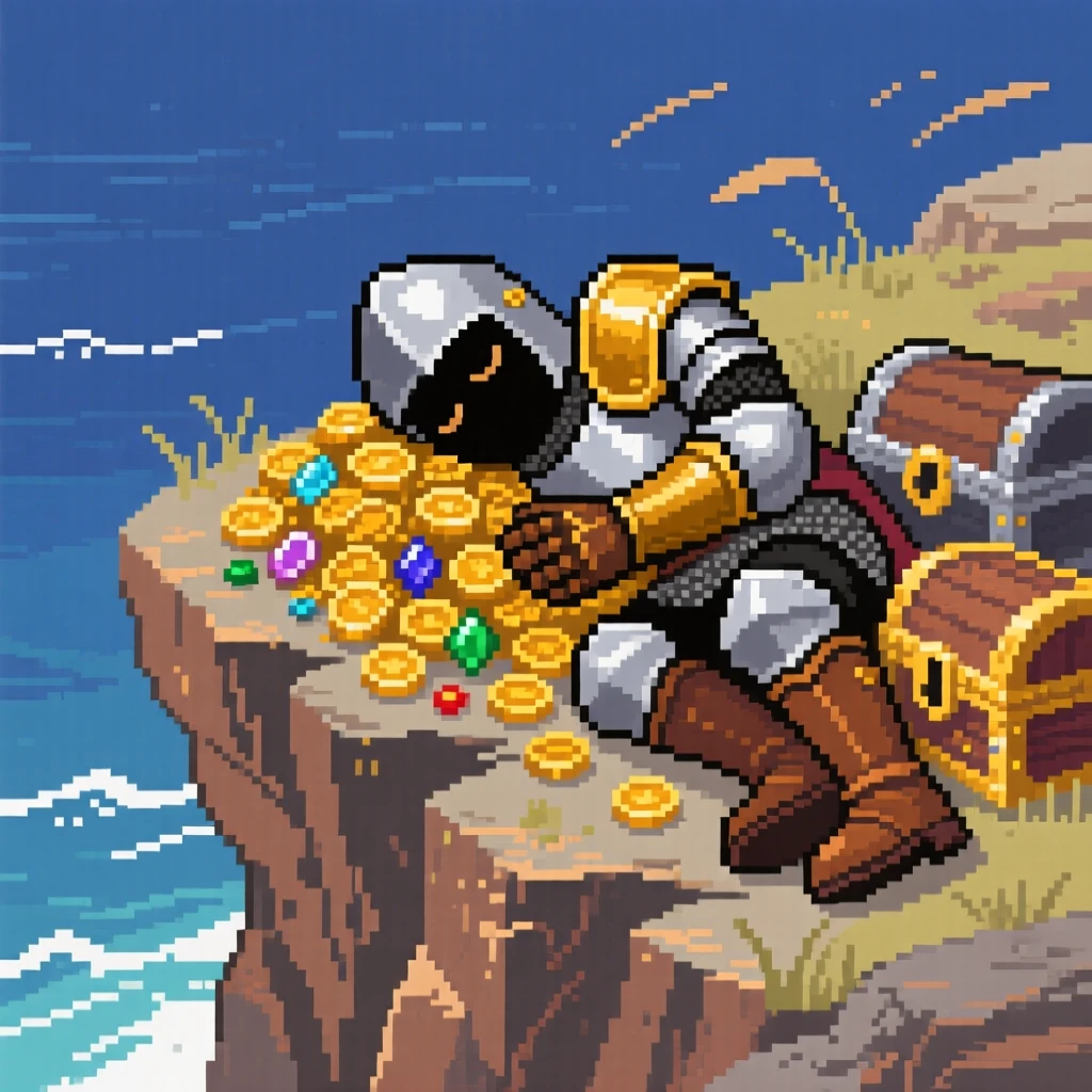 A knight in mismatched armor napping curled around a treasure hoard, on a windswept cliff overlooking the sea.
