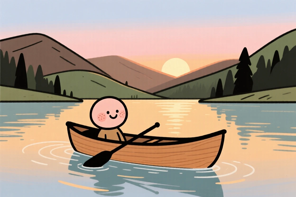 A lone canoe drifts across a still mountain lake as the golden glow of sunset stretches across the surface and forested hills rise in the distance.