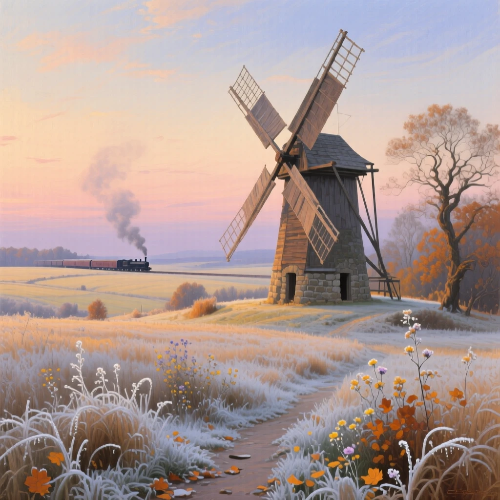 A broad landscape view of an old windmill turning slowly against a pastel evening sky, during the first frost of autumn, in the golden age of steam travel.