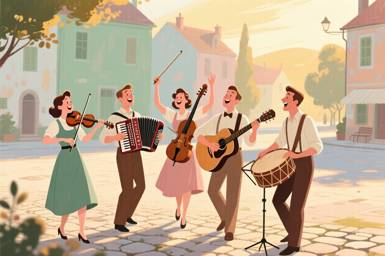 A group of musicians playing folk instruments in a village square