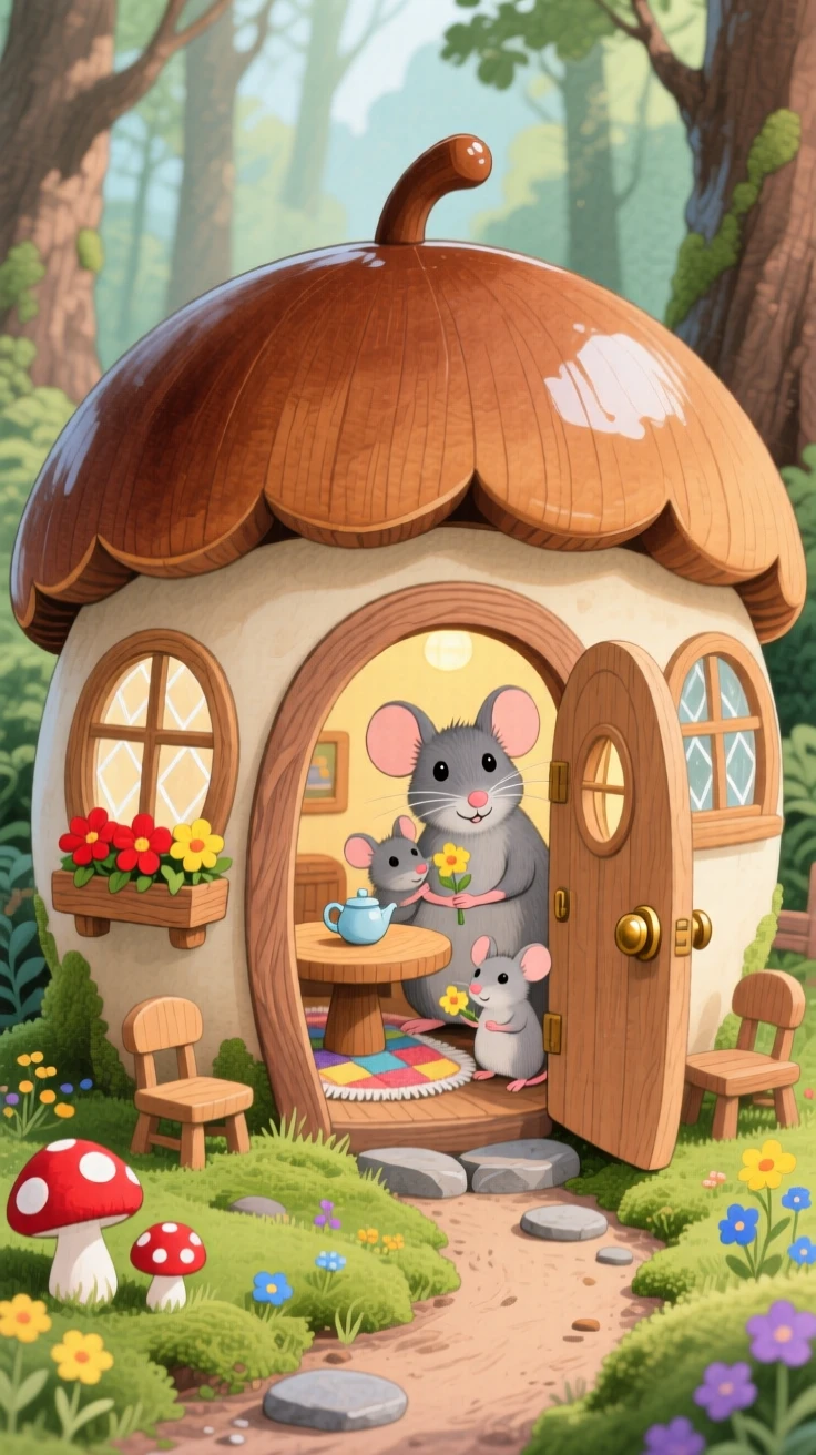 A tiny mouse family living inside a hollowed-out acorn house.