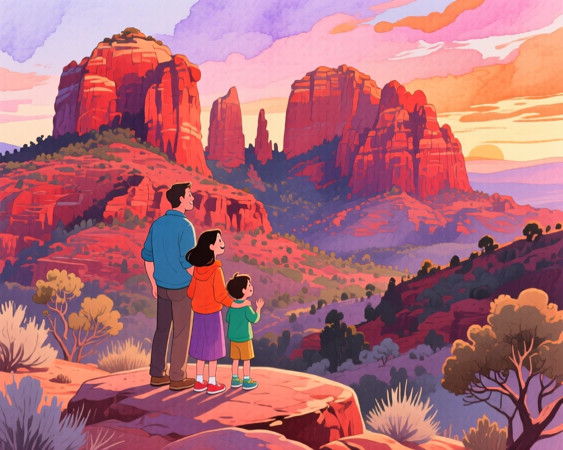A family takes in the breathtaking view together amid the towering red rock formations of Sedona at sunset, inspiring a dream of far-off horizons.