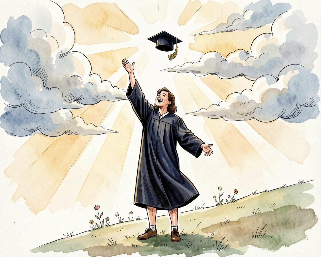 A newly graduated student tossing a cap into the air, sunlight breaking through the clouds above