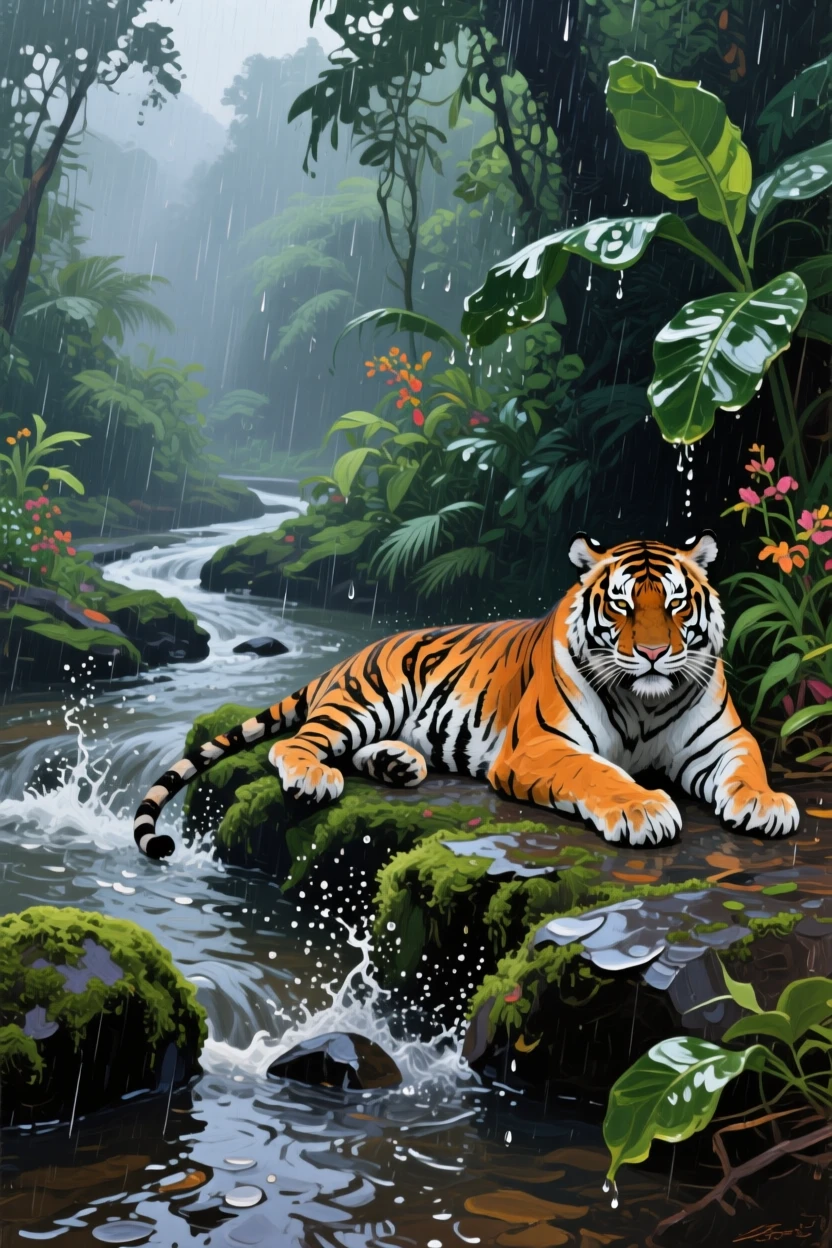 a tiger resting beside a jungle stream, during the first rain of the season, composed along a natural leading line.