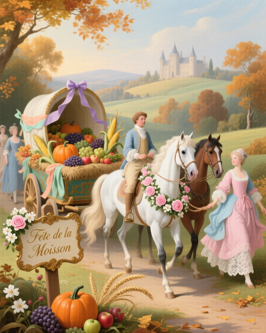 An autumn country procession with horses, flower garlands, and harvest carts  