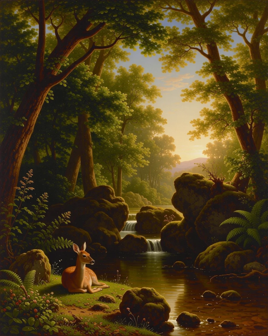 A gentle doe rests beside a stream in a woodland stream lined with mossy stones as sunlight filters through the leaves.
