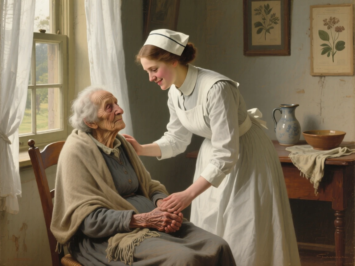 A nurse comforting an elderly patient with a gentle, reassuring smile, their hands shown in careful, expressive detail, offering a tender and unforgettable glimpse into the human spirit