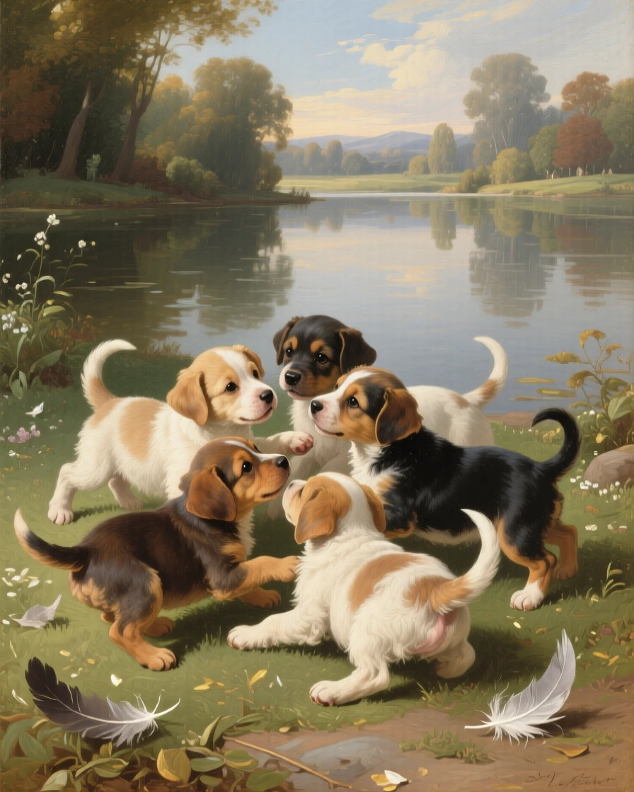 A litter of playful puppies tumbling in a sunlit garden in a fleeting instant of natural beauty rarely witnessed, set beside a still lake reflecting a painterly sky, with feathers, fur, or manes catching the light in fine, luminous detail; a low, respectful vantage point lends the creature quiet majesty, capturing a quiet, breathtaking moment of wild grace.