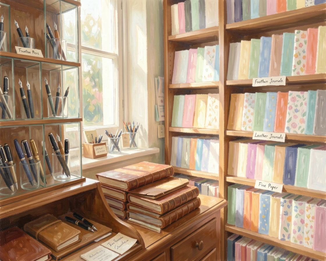 A quiet stationery shop filled with fountain pens, leather journals, and shelves of colorful paper.