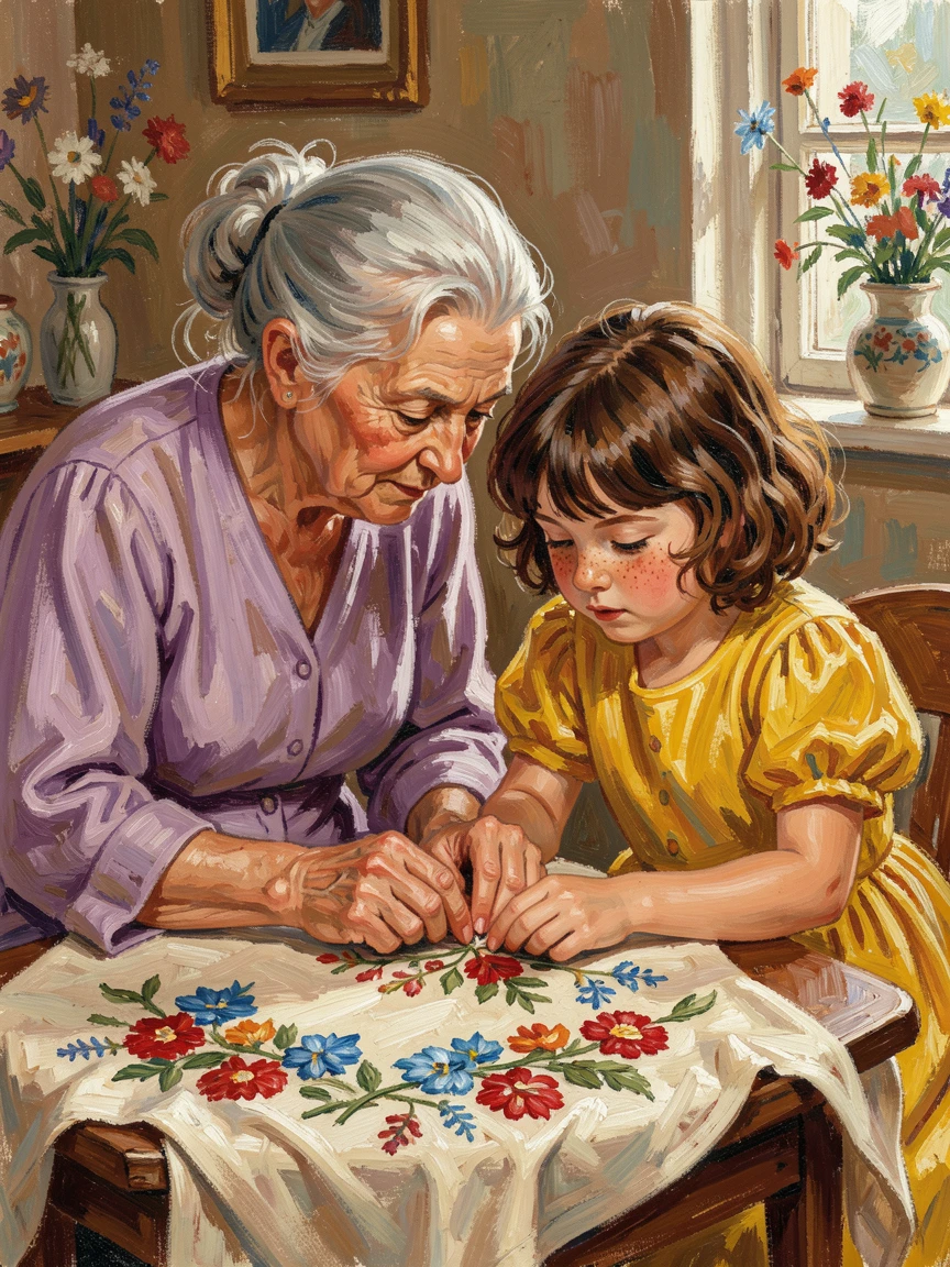 A grandmother teaching her granddaughter to embroider, both bent close over the fabric.