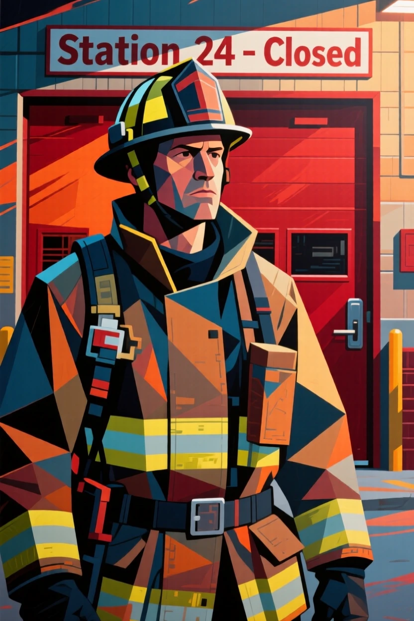 A medium shot portrait of a firefighter on a quiet evening after closing up shop, focused and content in the craft.