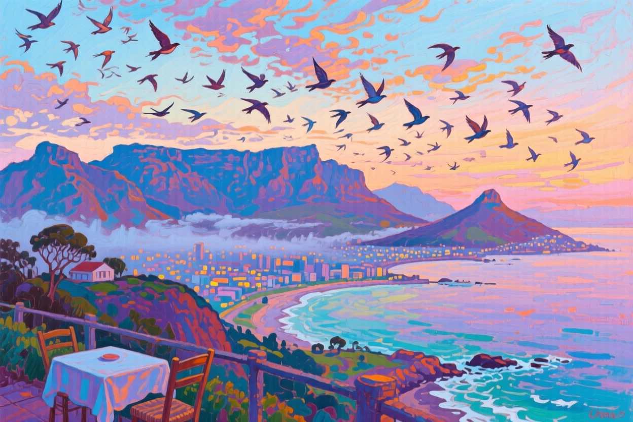 Table Mountain overlooking Cape Town's coastline at dusk, beneath a sky full of migrating birds, a soft haze giving the scene a dreamlike quality