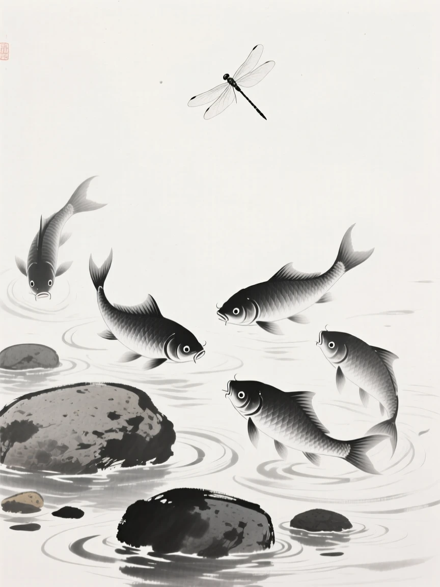 Silver fish dart through clear water above smooth river stones, while dragonflies hover just above the water.