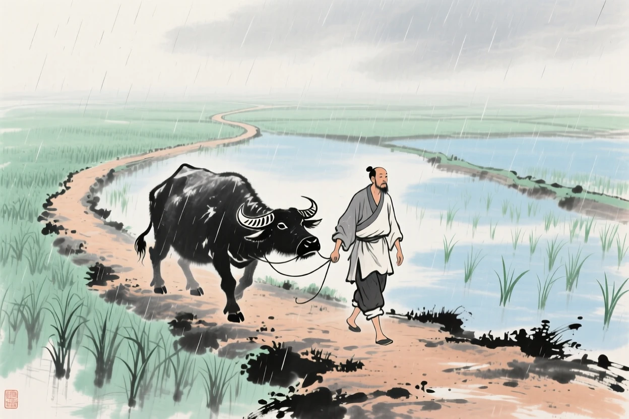 A farmer leading a water buffalo along a winding paddy path, as summer rain begins to fall, in a gentle drizzle, carrying a mood of wistful nostalgia.