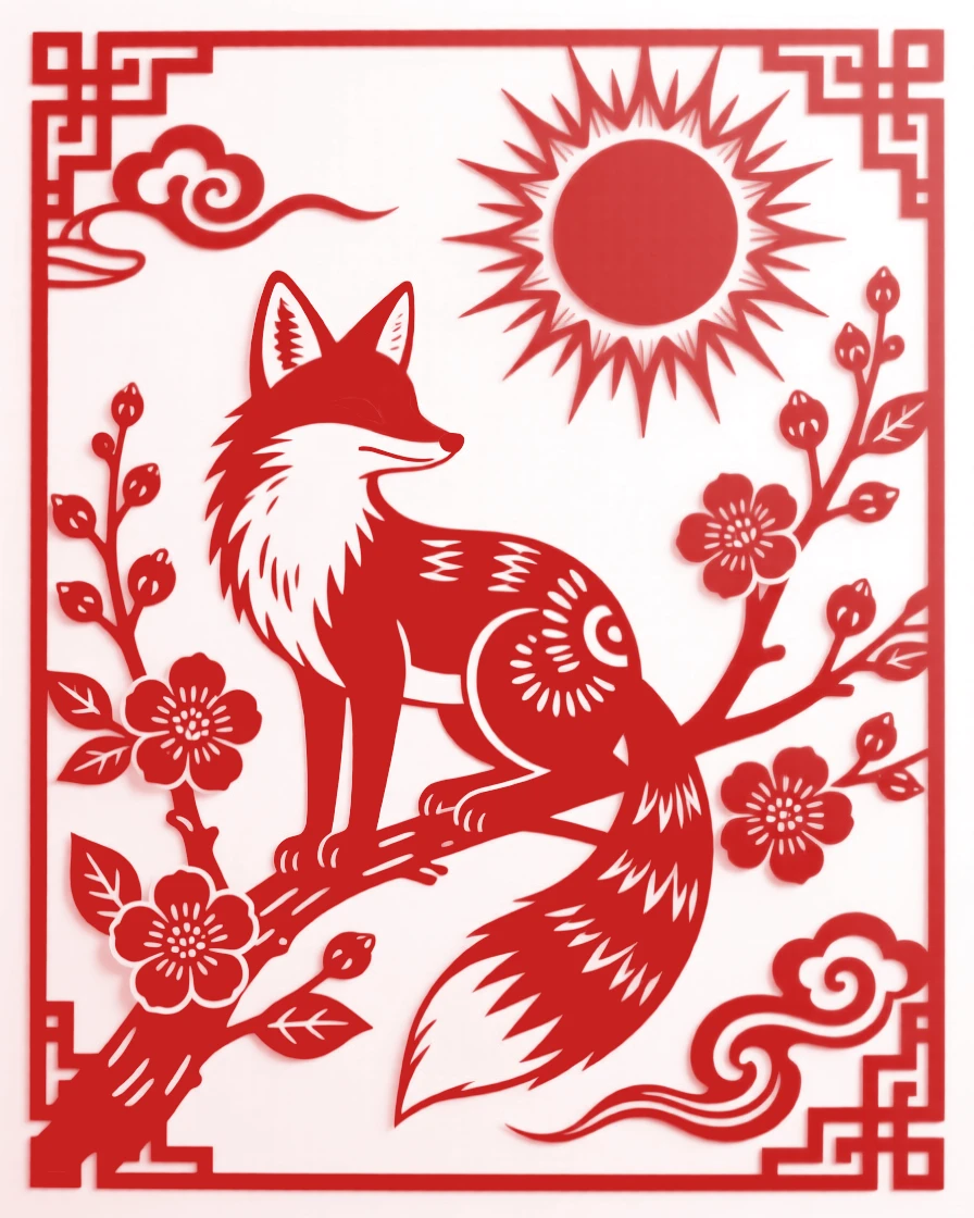 A young fox, perched on a blossoming branch at first light, watched over by a rising sun in the distance.