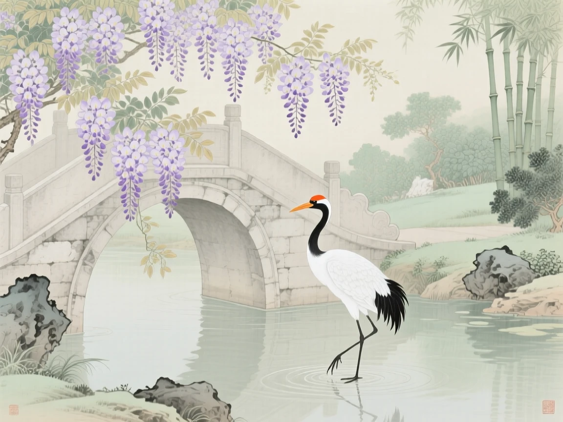 Wisteria blossoms cascading over a garden bridge in late spring, with a lone crane standing at the water's edge