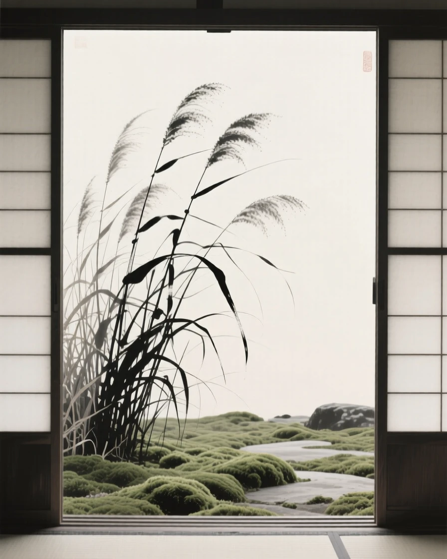 A stand of autumn reeds at the edge of a moss-covered courtyard, framed asymmetrically for quiet visual balance, suggesting patience, resilience, and quiet strength.