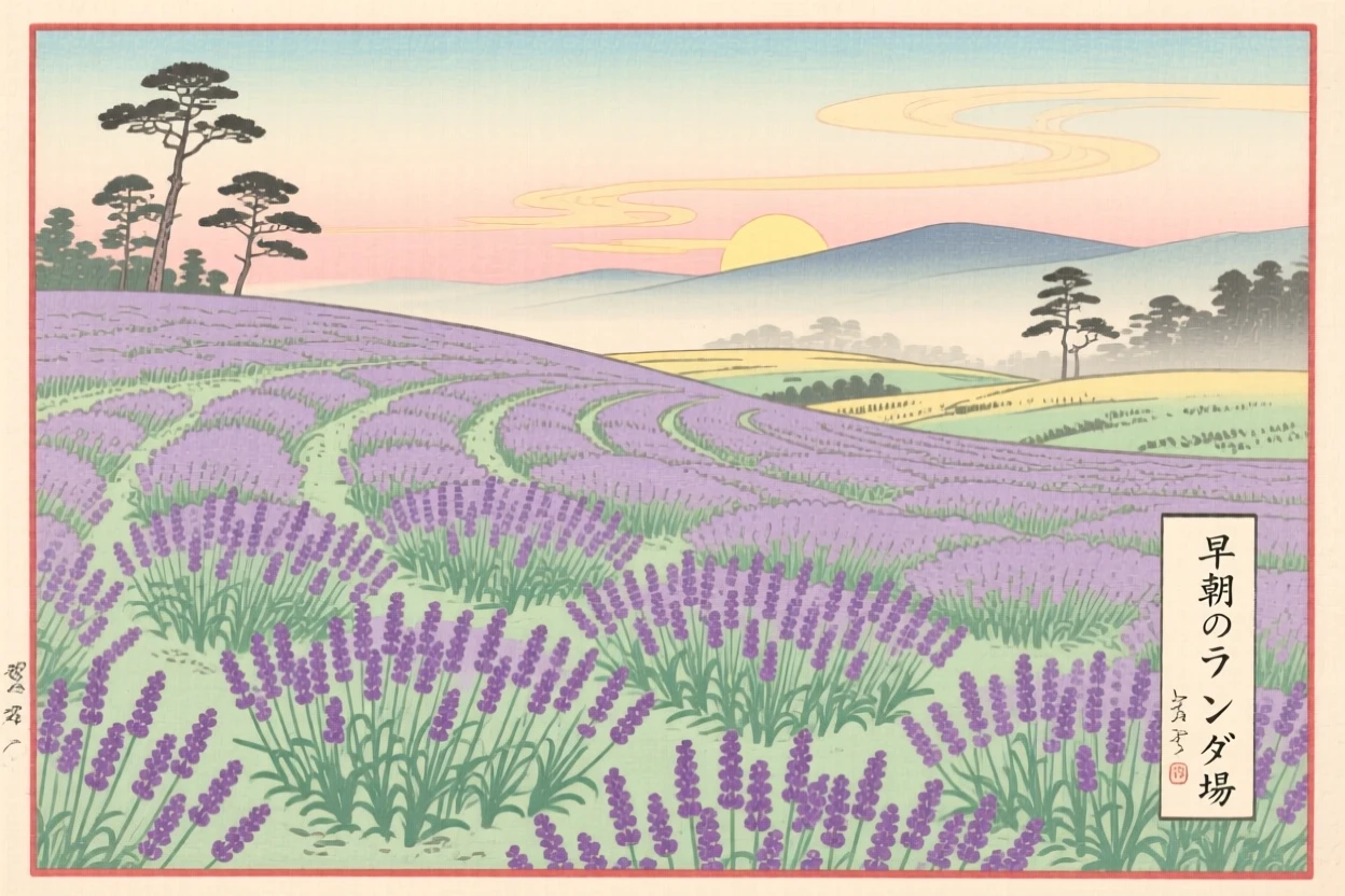 A field of blooming lavender in the stillness of early morning.