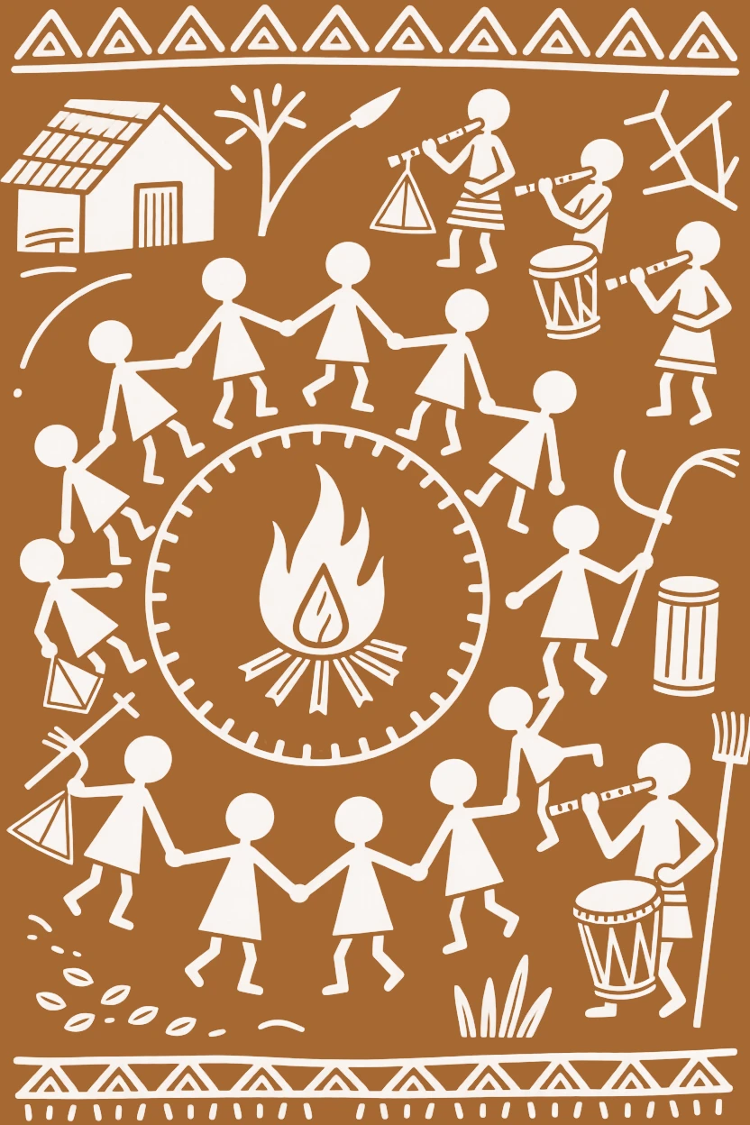 A seed-sowing ceremony celebrated with dancers forming rows around a bonfire.