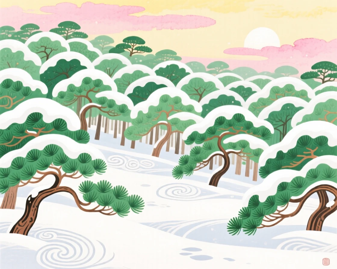 A sweeping view of a pine forest blanketed in fresh snow in the soft light of early spring.
