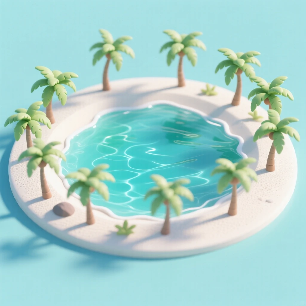 A coral atoll seen from above, turquoise lagoon waters surrounded by white sand, and palm trees swaying along a narrow strip of land.