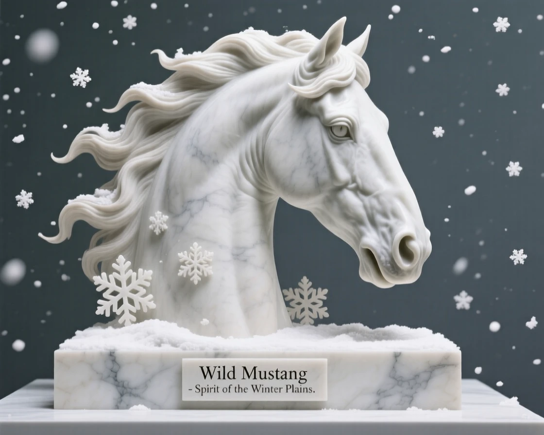 A striking close-up of a wild mustang, full of life and grace, surrounded by falling snow